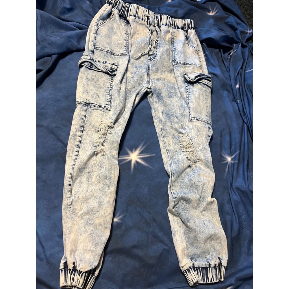 Acid Wash Cargo Jogger Jeans Distressed Ripped Denim Light Blue Streetwear